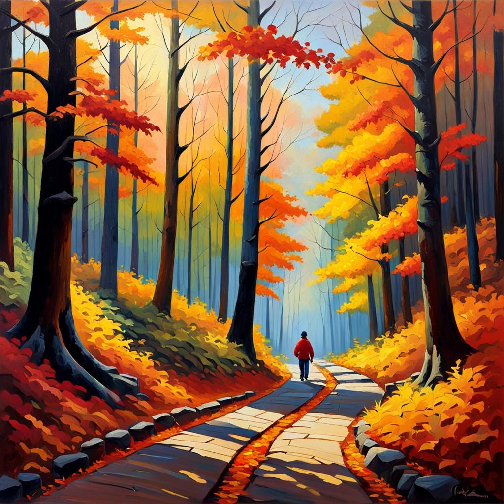 Autumn Forest Path in Dynamic Oil Painting Style