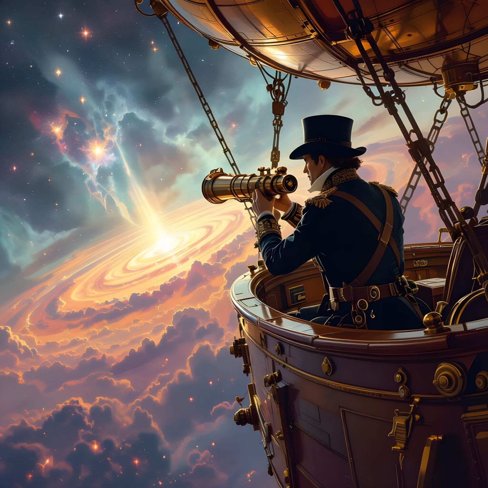 Victorian Explorer Charts Nebula from Airship Deck