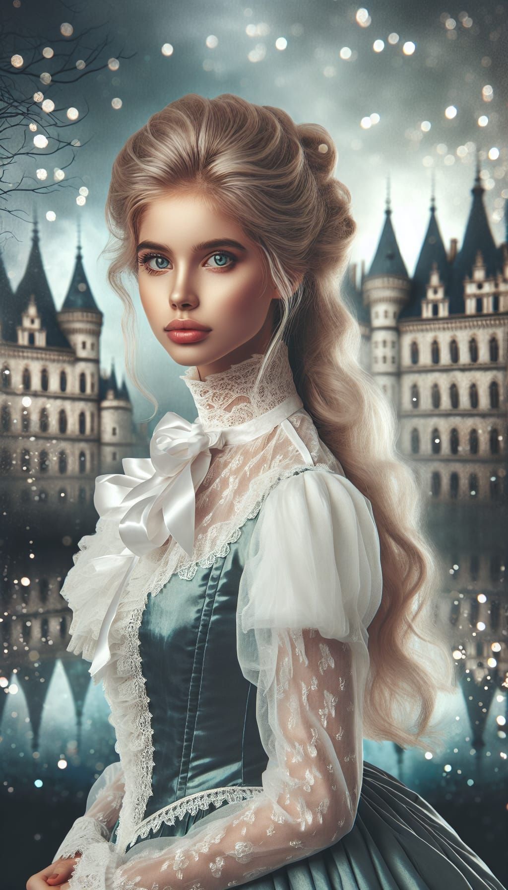 Victorian Woman with White Hair and Castle