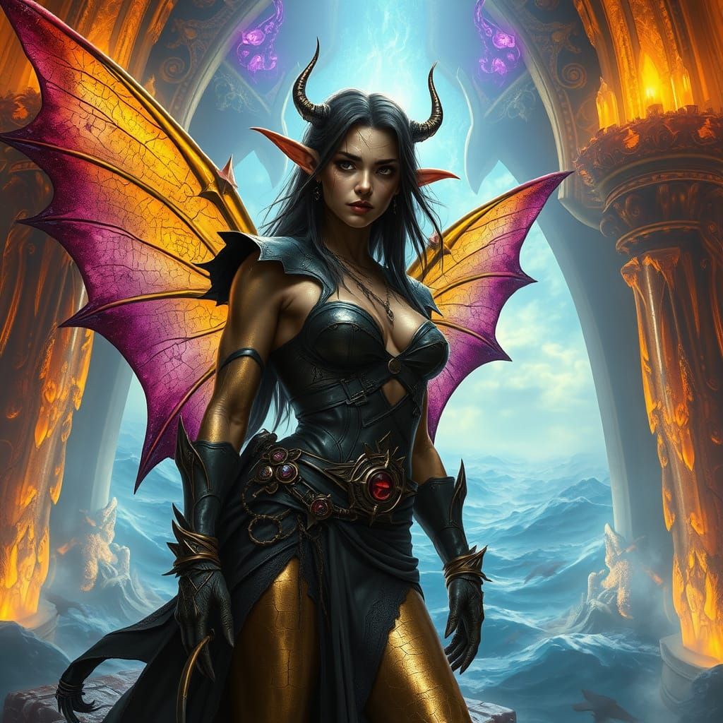 A mesmerizing conceptual art painting of a dark fantasy woman with a powerful, muscular build and cracked metallic gold ...