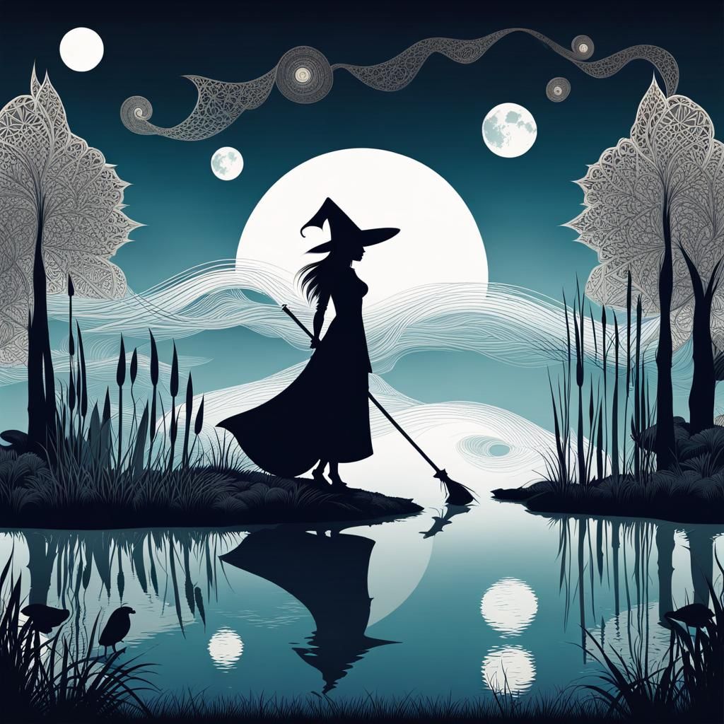 Witch in Moonlit Clearing with Abstract Fractals