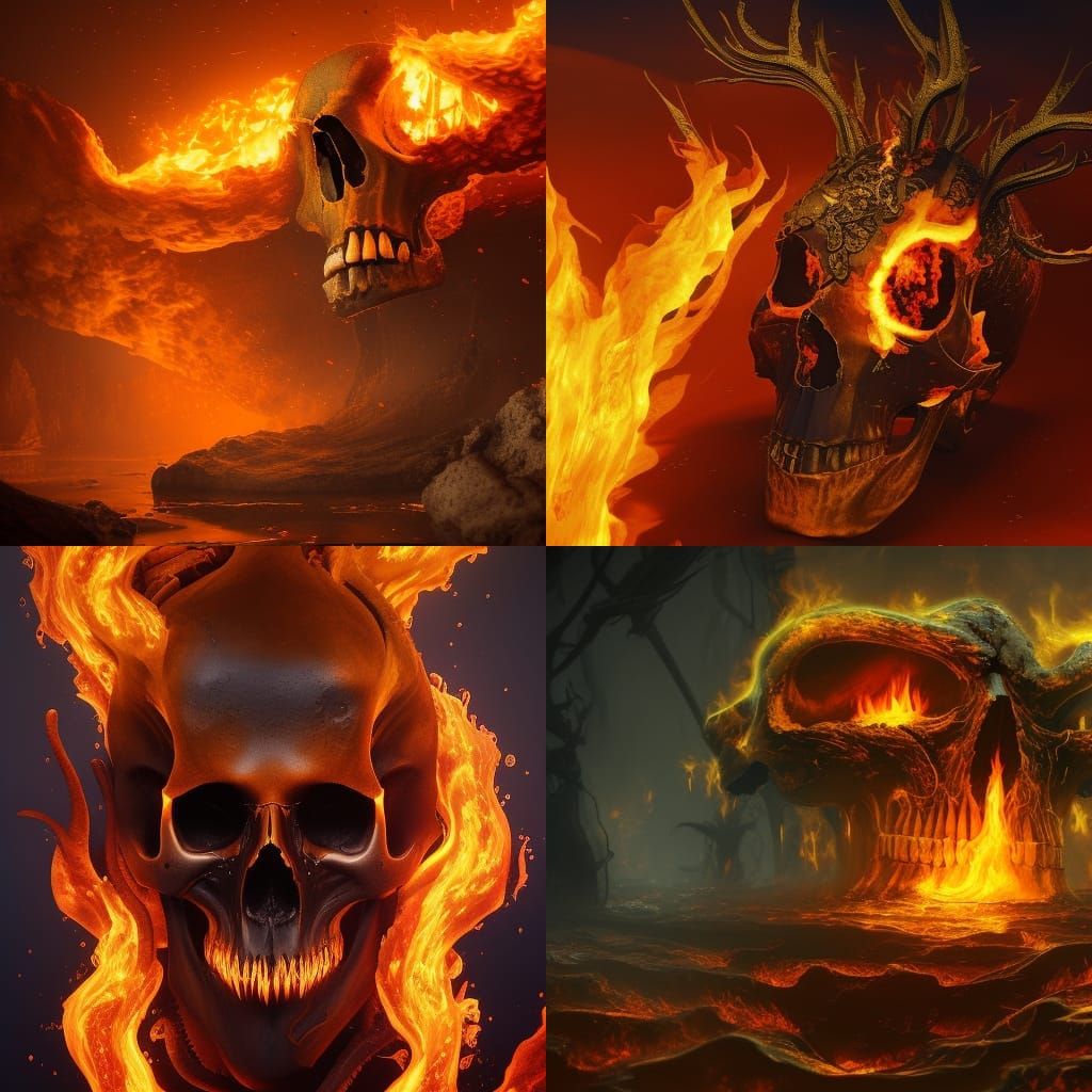 Liquid Gold Skull on Fire: Detailed Digital Art