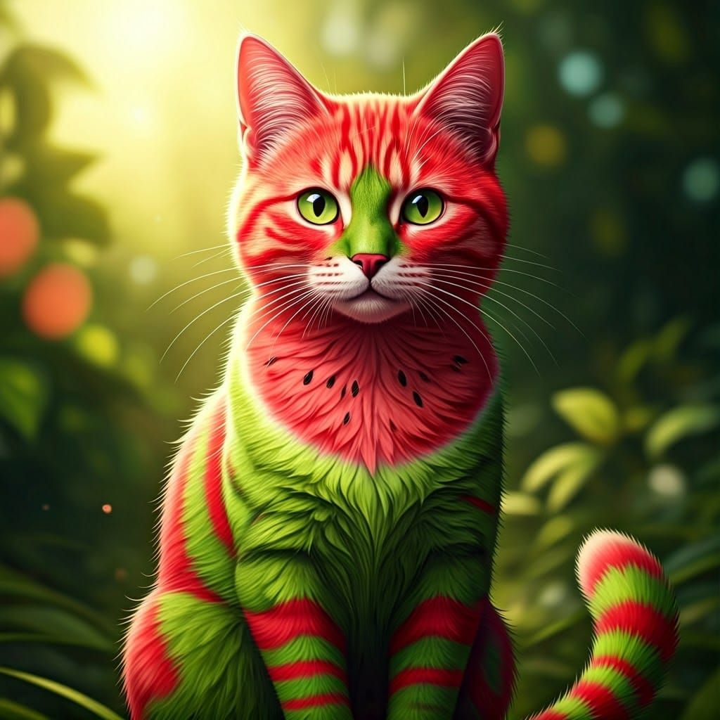 Whimsical Watermelon Cat in Vibrant Summer Landscape