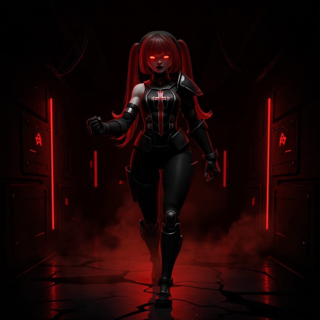 Gothic Cyberpunk Warrior in Shadow-Drenched Corridor