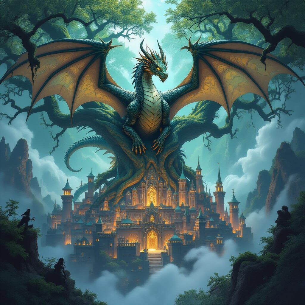 Dragon Over Tree City in Epic Fantasy Art Style