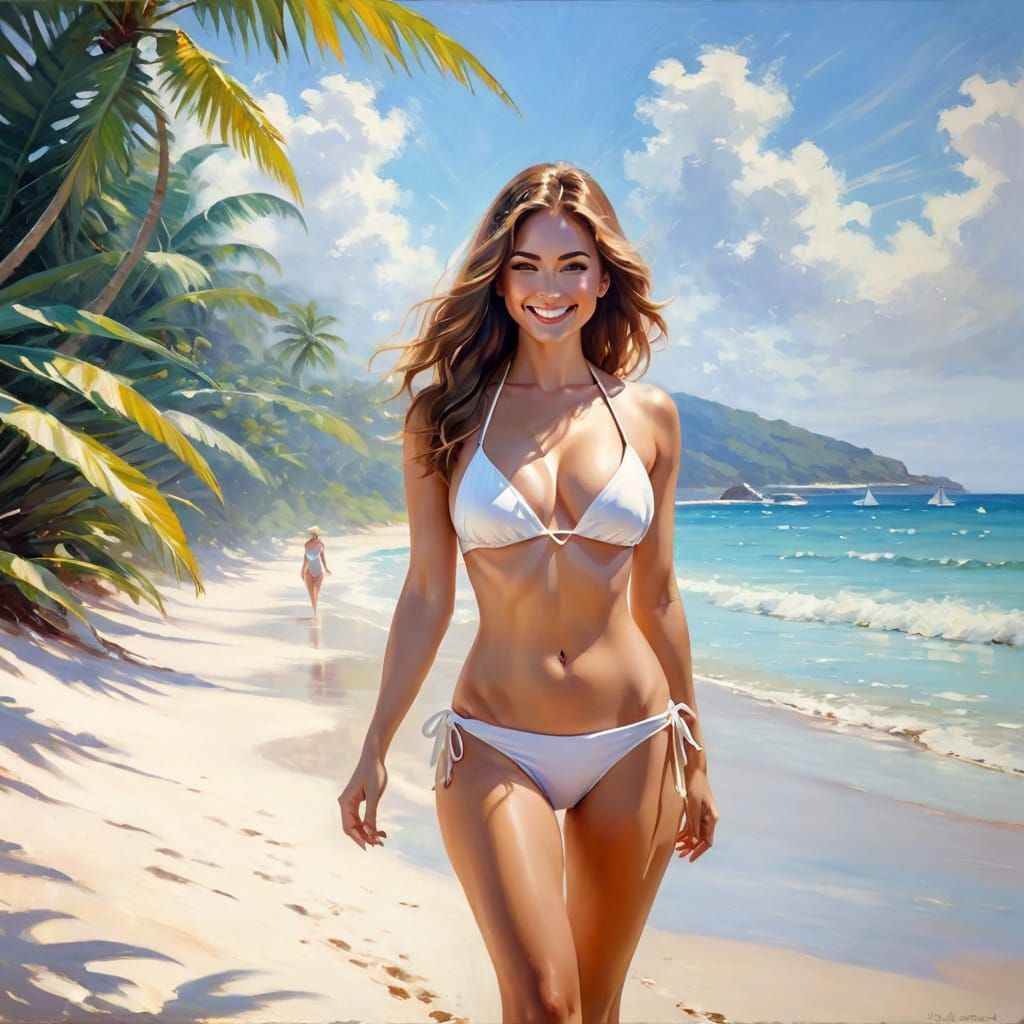 Woman on Tropical Beach: Impressionistic Oil Painting