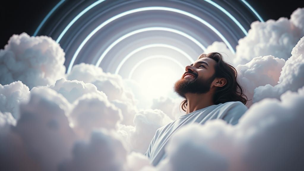 Jesus Ascends Through Iridescent Clouds in Surreal Scene