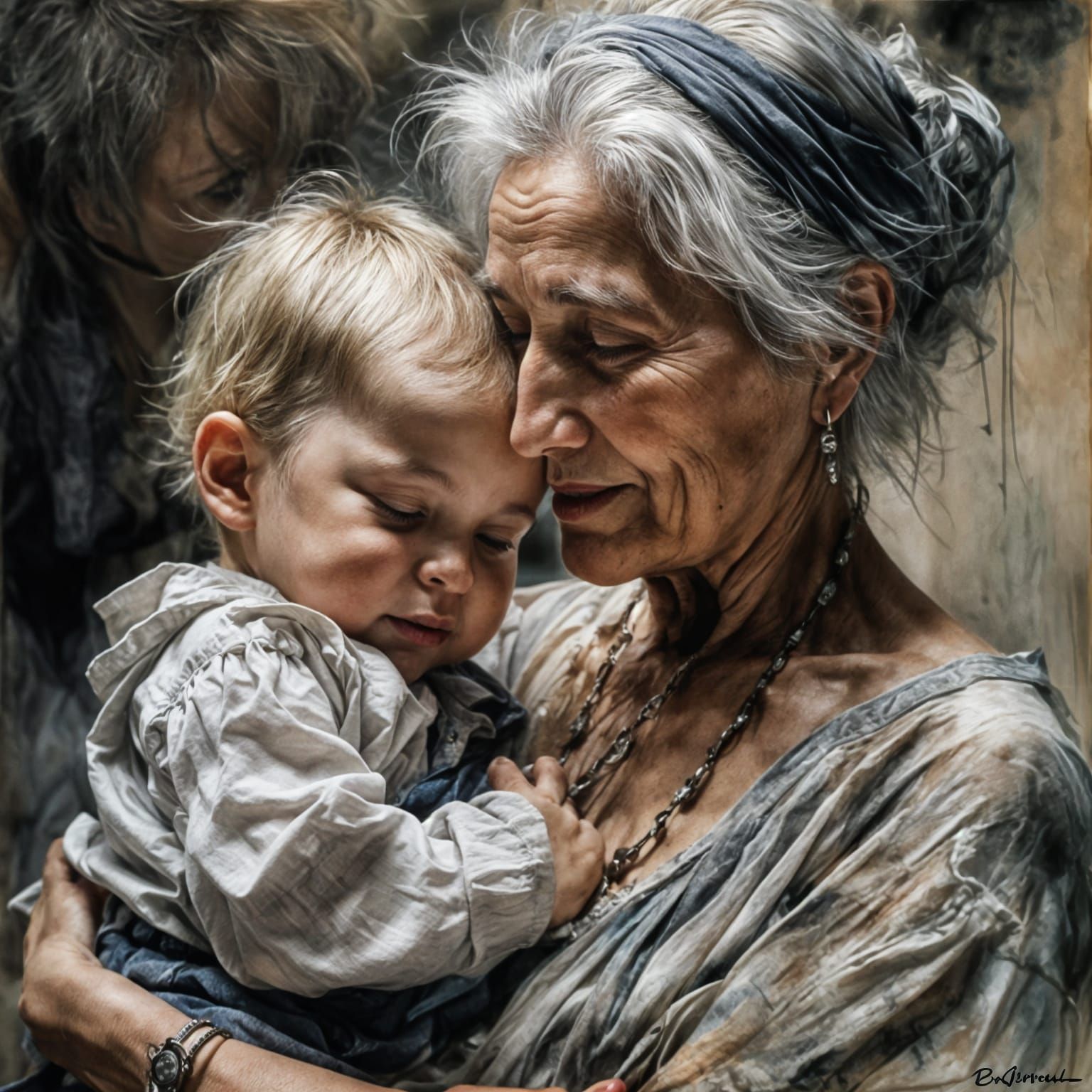 Grandmother with her baby grandson <lora:Brushed charcoal:1.0>