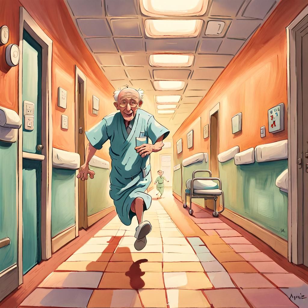 Cartoon Elderly Man's Hospital Escape