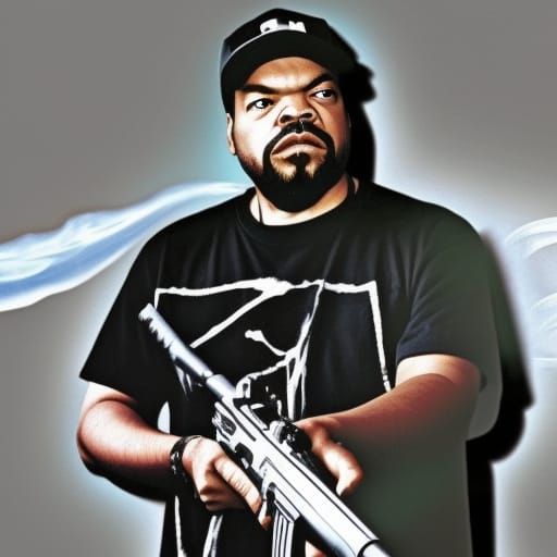 Ice Cube holding a pistol, stepping out of smoke.