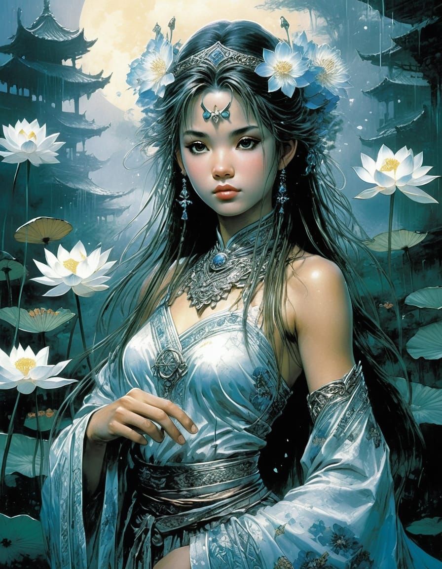 Princess in Lotus Robes with Fantasy Armor