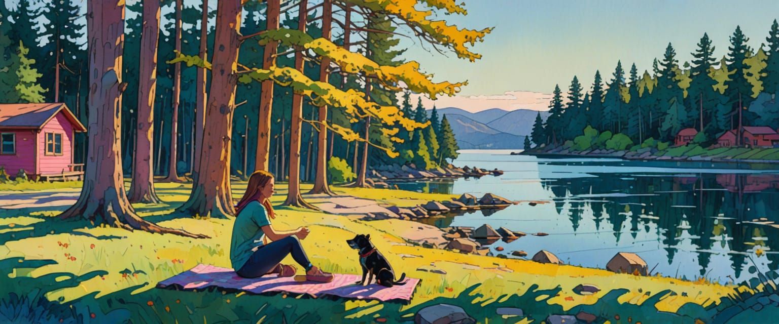 Girl and Dog Enjoying Lakeside Picnic in Comic Style