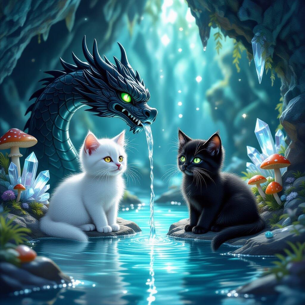 Serene Kittens in Glittering Cave, Dreamy Textures