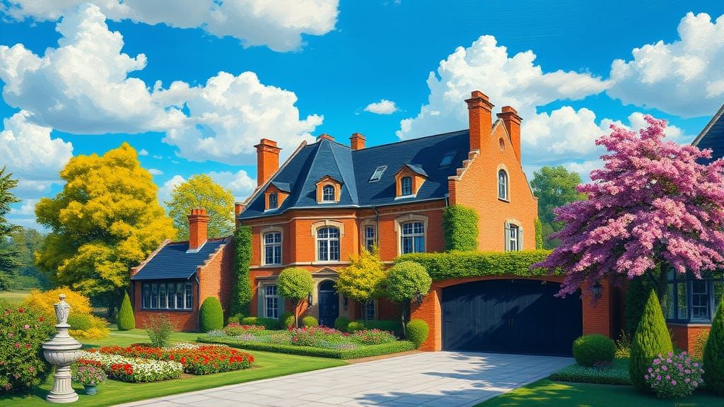 Elegant Chateau with Vibrant Garden in Impressionist Style