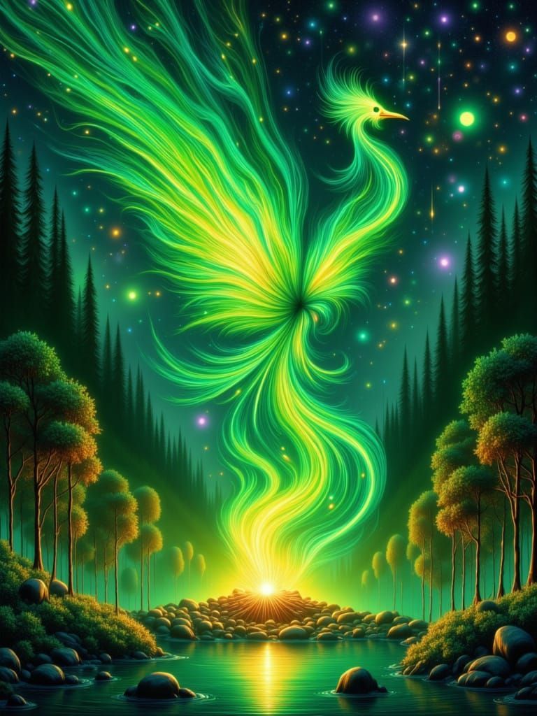 Green Phoenix Rises From Cosmic Flames