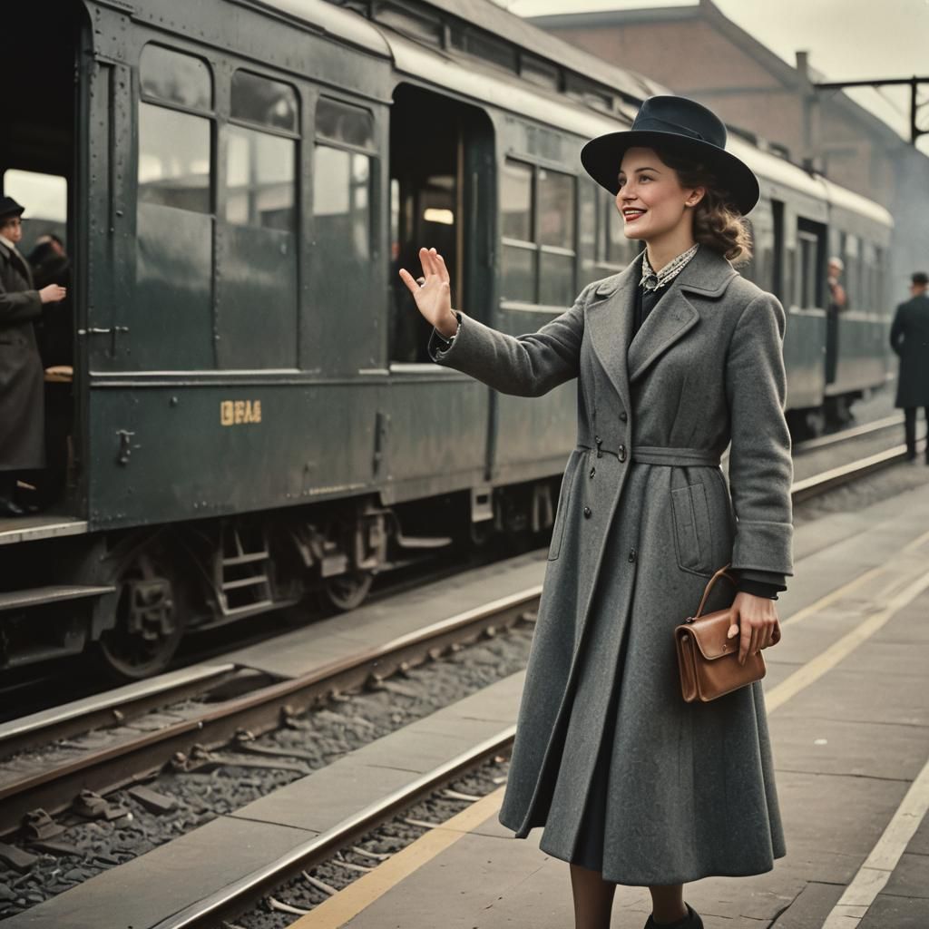 Nostalgic Goodbye: Cinematic Film Still of Woman on Platform
