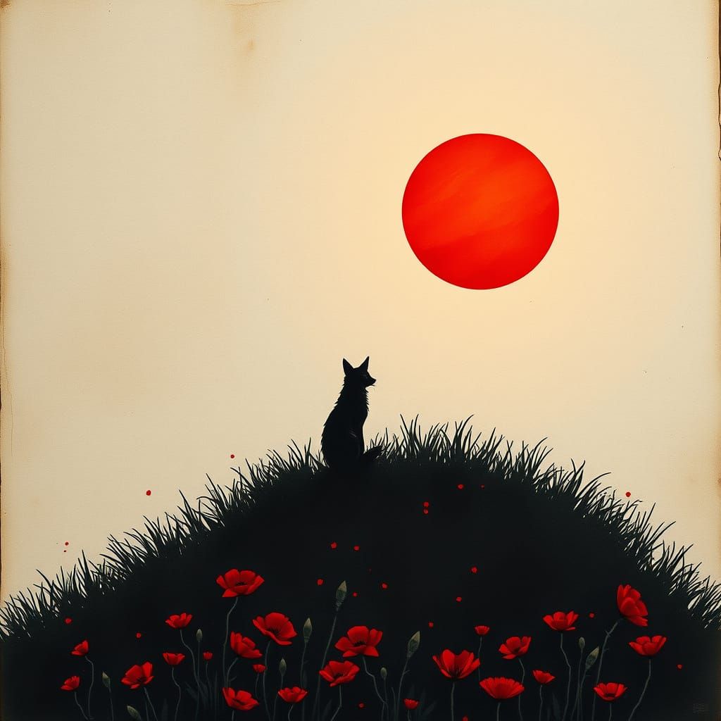 Fox Silhouette Gazing at Red Sun, Hyperrealistic Splash Art