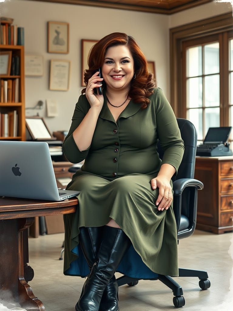 Elegant Secretary in Vintage Office, Watercolor Portrait
