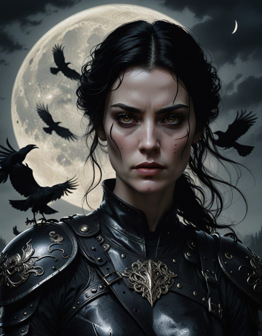 Grim Dark Fantasy Portrait of a Raven-Haired Warrior Woman