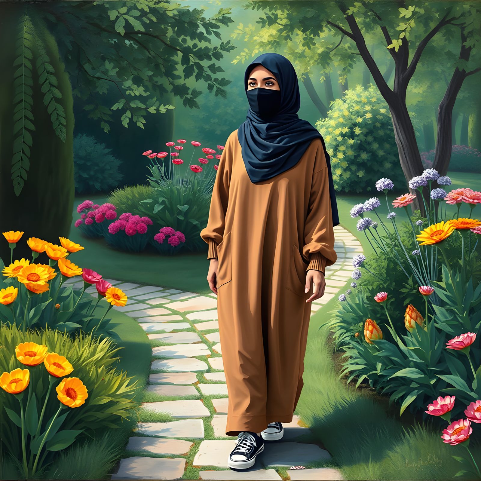 Woman in Hijab Exploring Garden as Gouache Painting