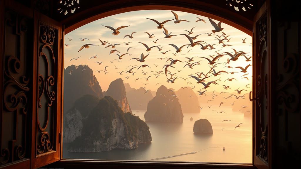 Ancient Vietnamese Window Frames Ha Long Bay at Sunset