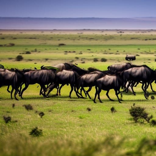 Wildebeest Migration Across Green African Plain