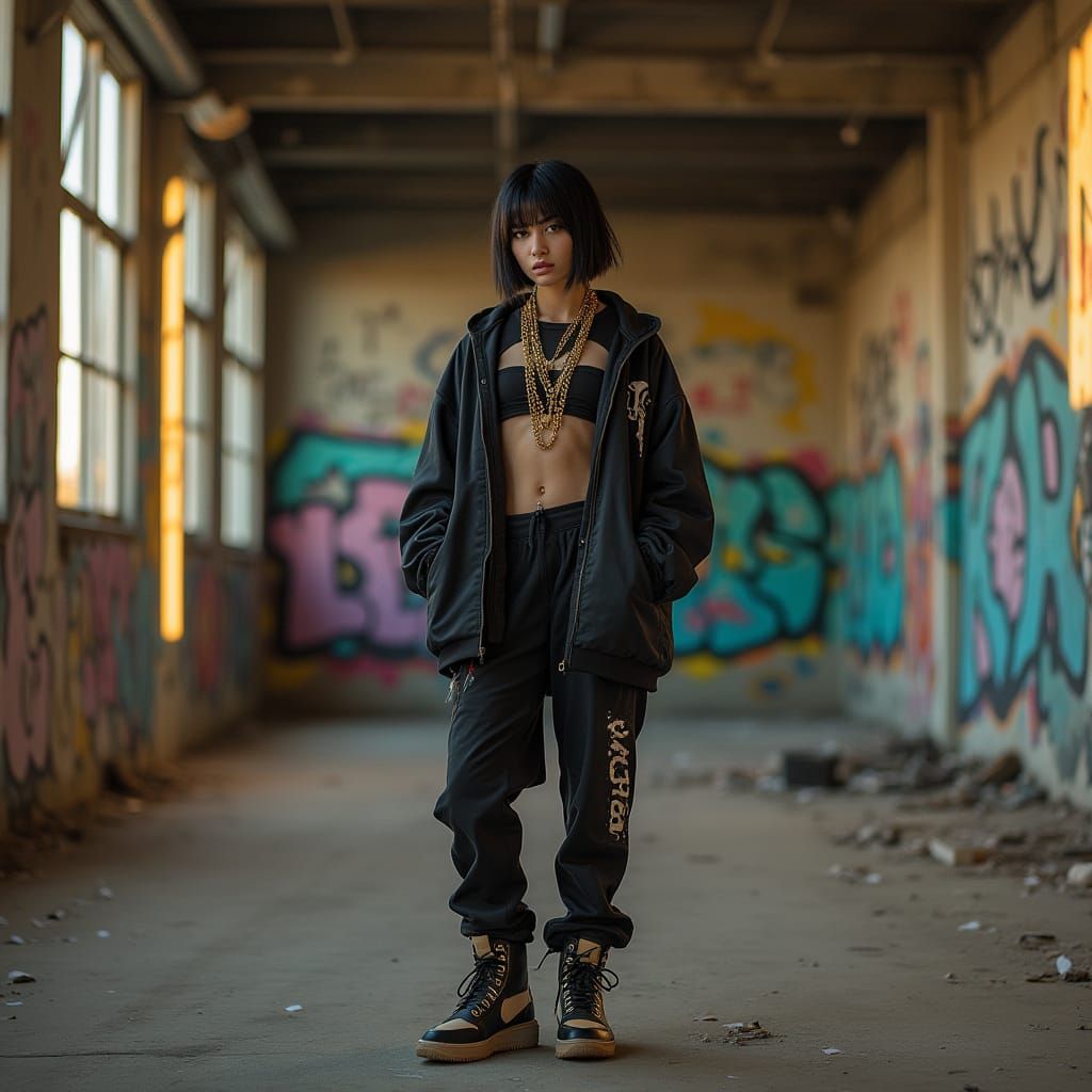 Punk Haired Woman in Hip Hop Style in Abandoned Warehouse