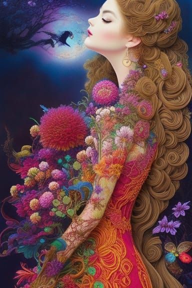 Woman in Lace Lizard Dress: Gouache Painting