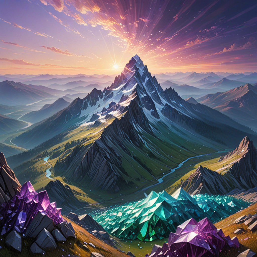 Majestic Amethyst Emerald Mountain Range in Vibrant Oil Pain...