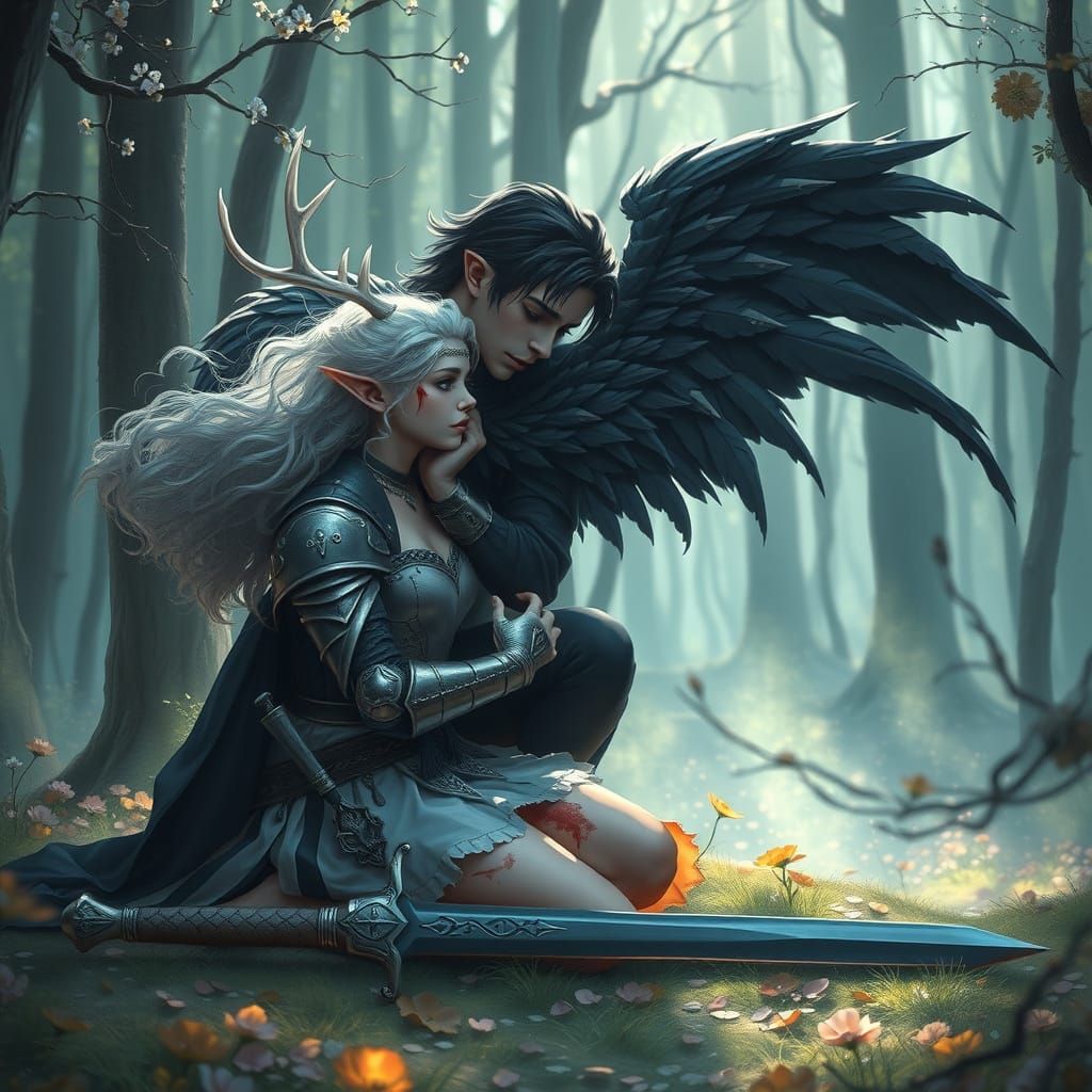 Submissive Elf Maiden Comforted by Dark Guardian