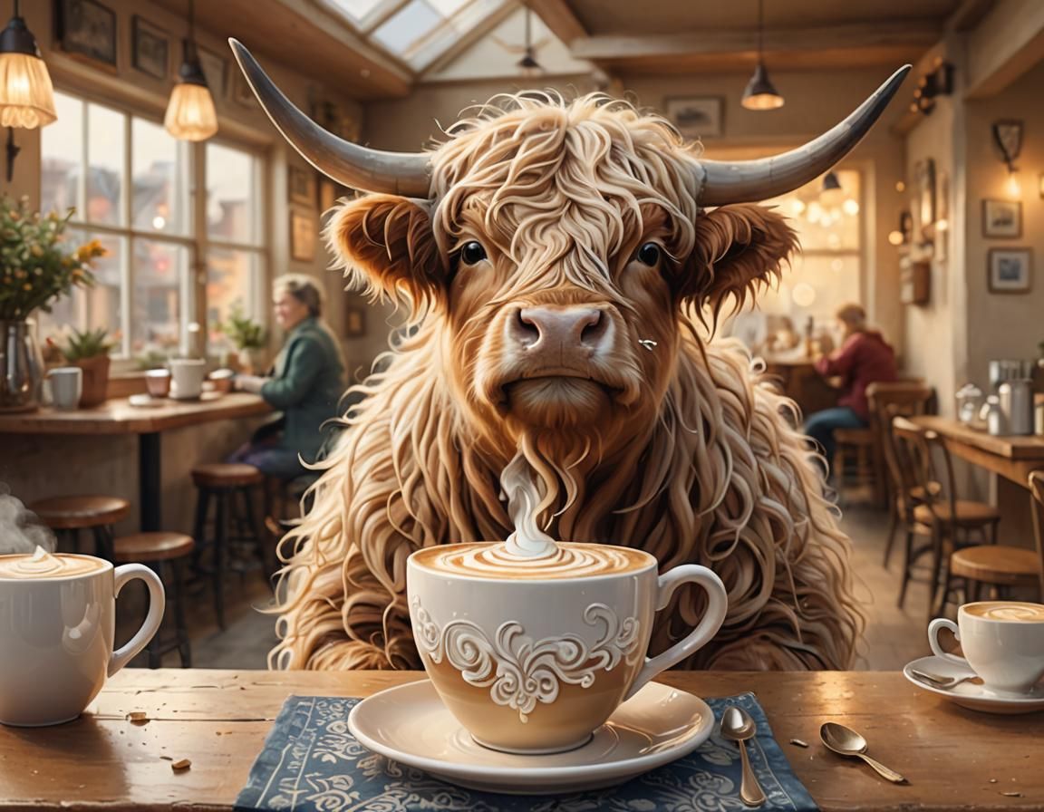 Latte Highland Cow in Whimsical Digital Art