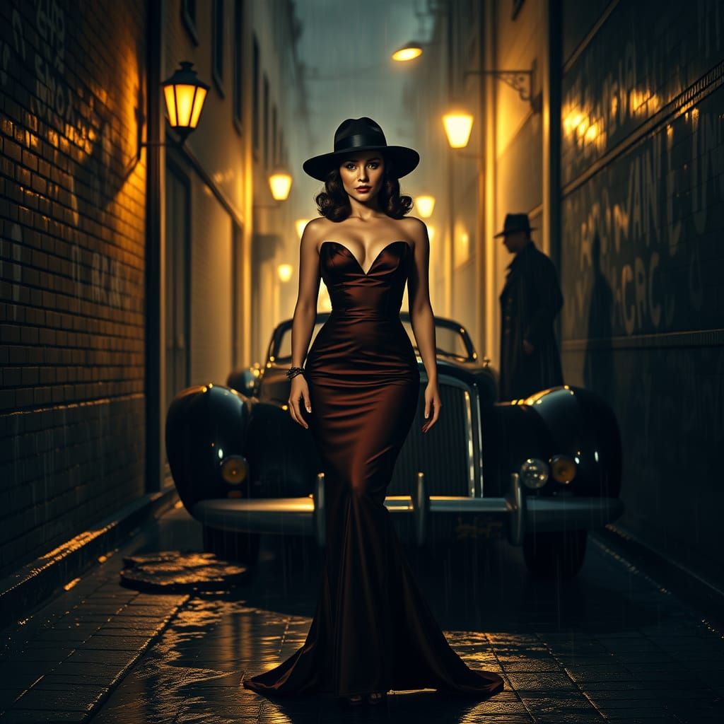 Sultry Femme Fatale in Vintage Noir Style