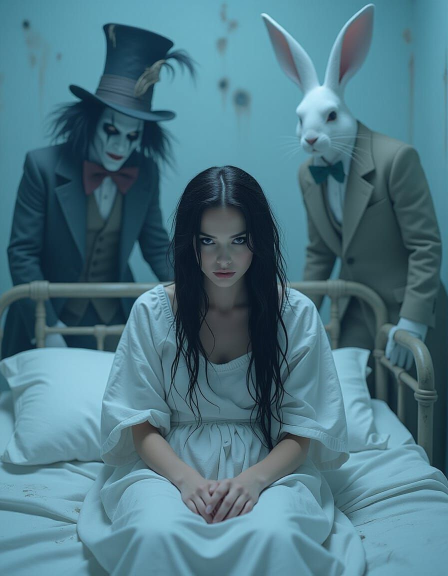 Photorealistic, psychological horror, Alice convulsing on a ...