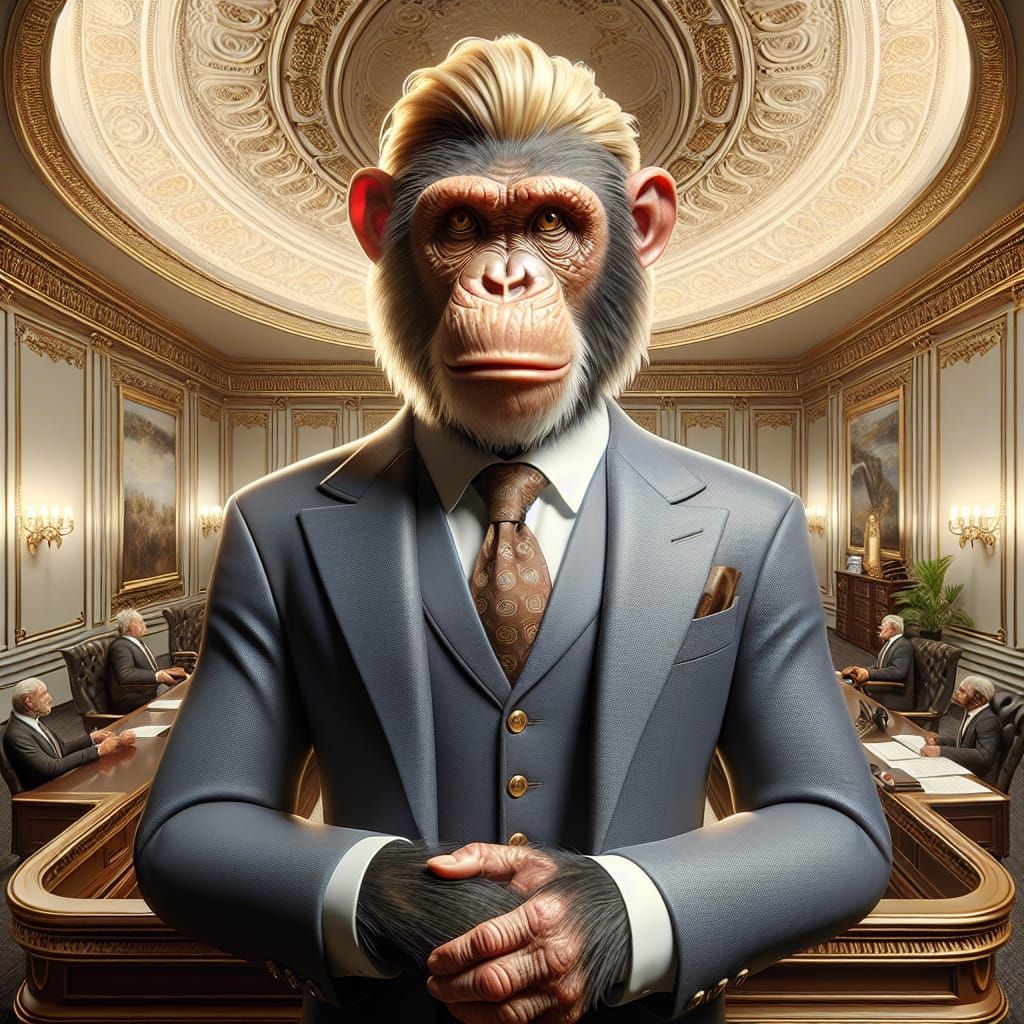 an anthropomorphic Chimpanzee looks like Donald Trump standing  in oval office hyperdetailed 3D glossy oil airbrush artw...