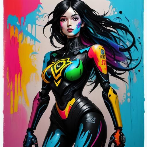 Black-Haired Robot Carousel Figure in Graffiti Art Style