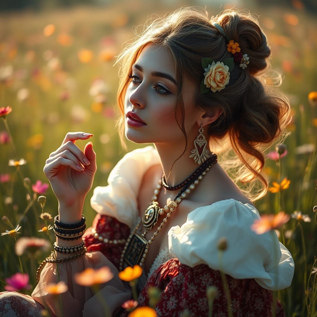 Elegant Woman in a Vibrant Meadow Scene