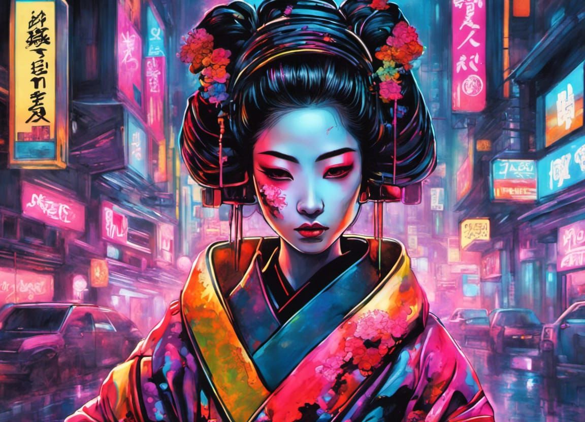 Cyberpunk Geisha in Futuristic Tokyo