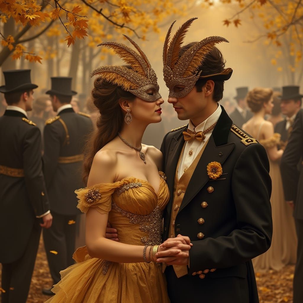 Whimsical Autumn Masquerade Ball in Elegant Edwardian Attire