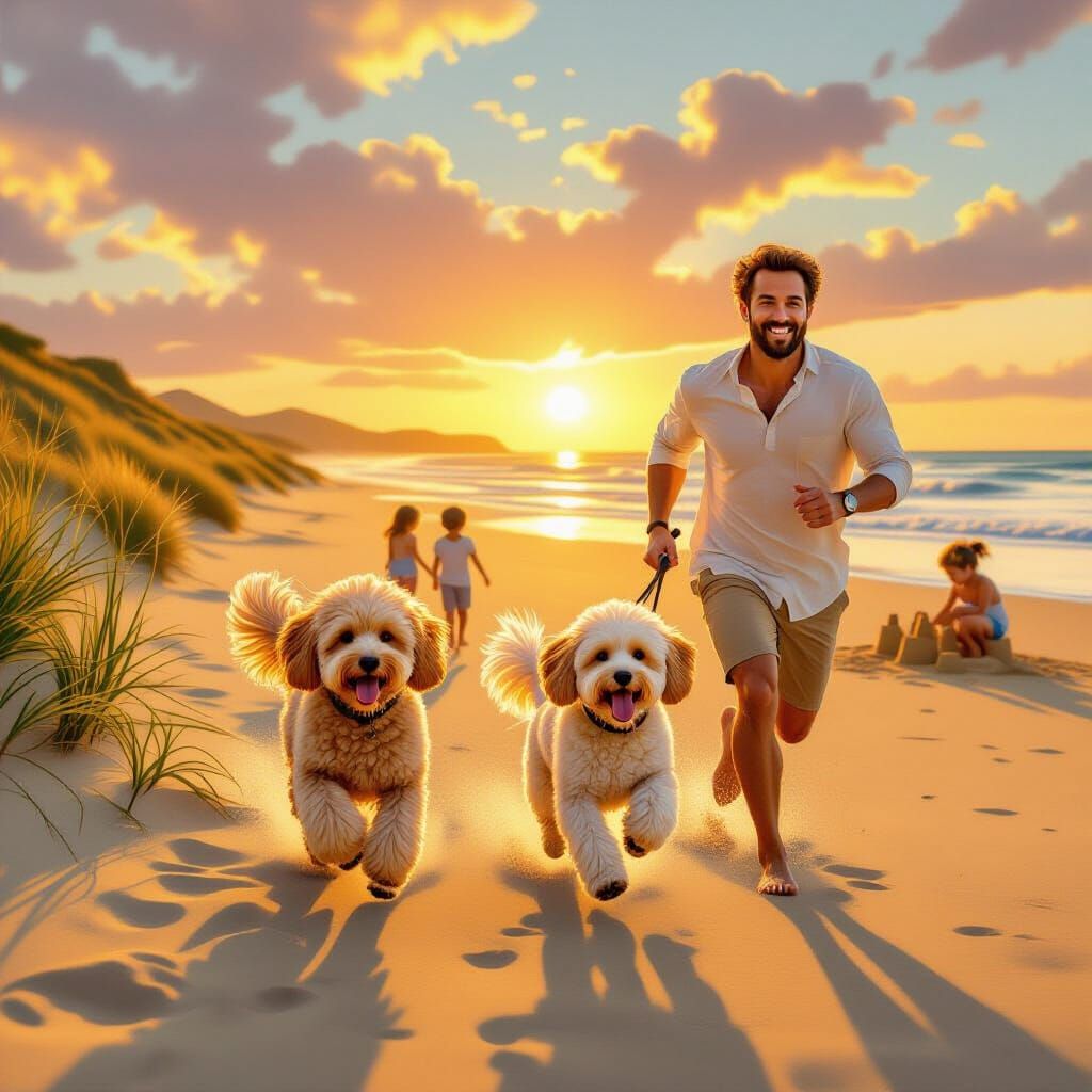 Happy Dogs Run Beach Sunset with Family Painterly Digital Ar...