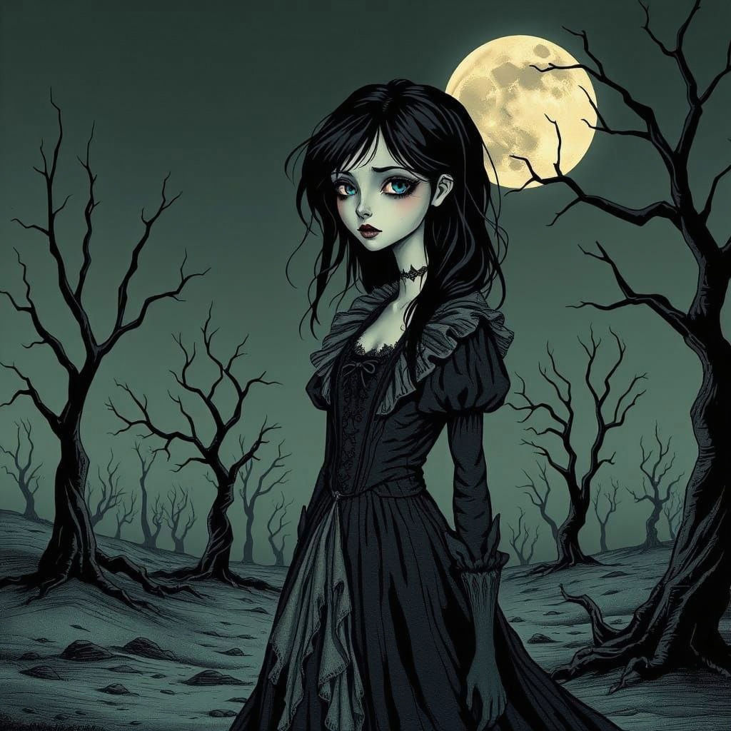 Gothic Whimsy Portrait in the Style of Tim Burton