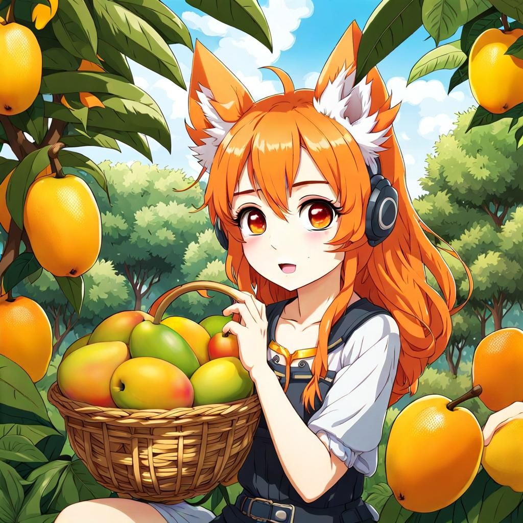 Chibi Anime Girl with Wolf Ears Eating Mango