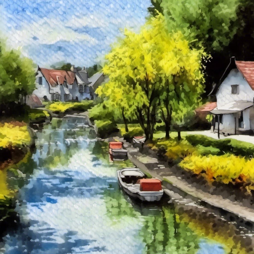 Watercolor Village Houses with Flowers and Strong Wind