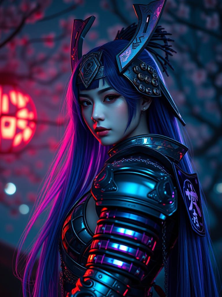 Cyberpunk Geisha Warrior in Iridescent Samurai Armor
