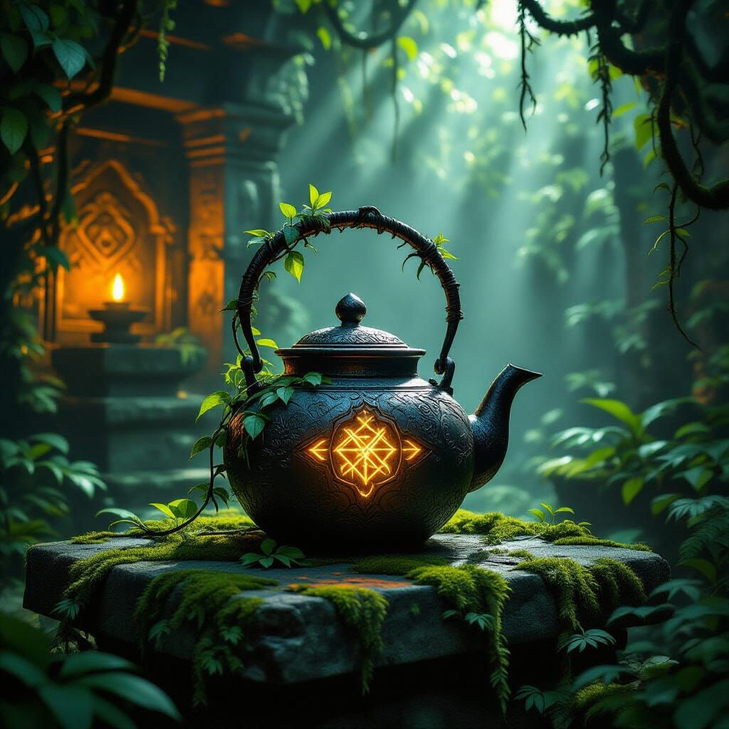 Obsidian Teapot with Glowing Runes on Jungle Altar