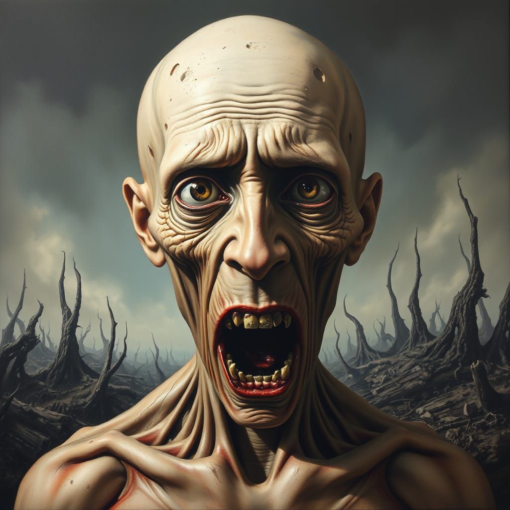 Tormented Face in Hellish Landscape: Surreal Oil Painting