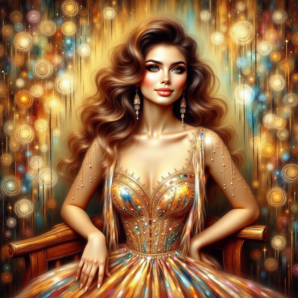 Sparkling Singer in Sequins, Watercolor Klimt Patterns