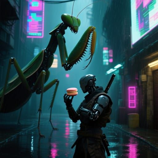 Cyberpunk Warrior with Macaron Weapon in Neon Alley