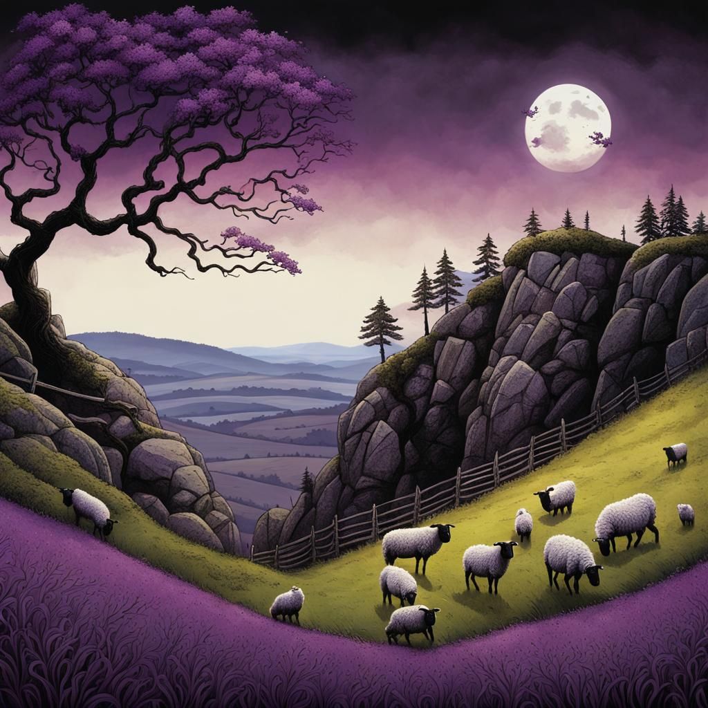 Blooming Meadow with Sheep, Graphic Novel Art