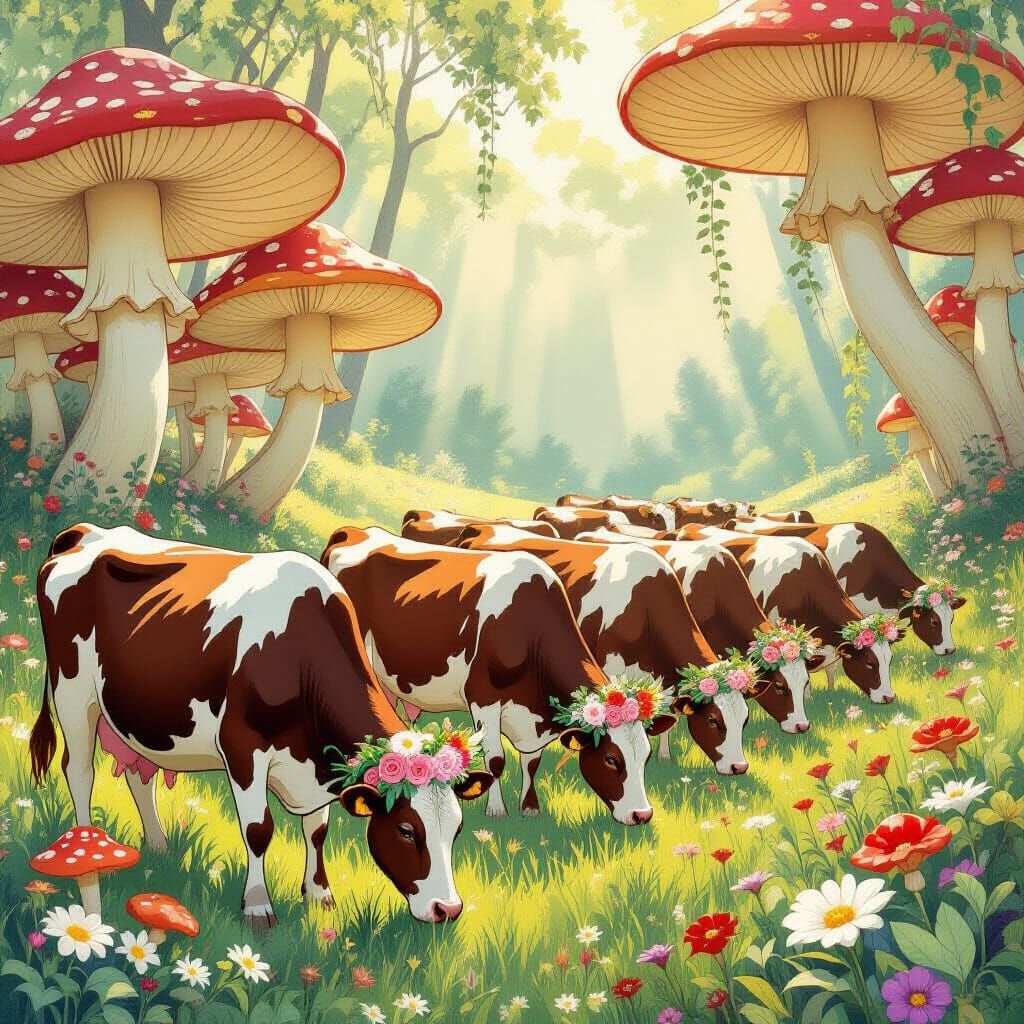 Whimsical Cows in Floral Crowns Among Glowing Mushrooms