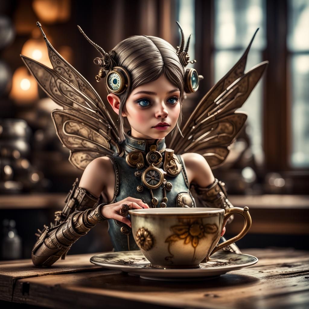 Steampunk Pixie with Mechanical Wings, Hyperrealistic